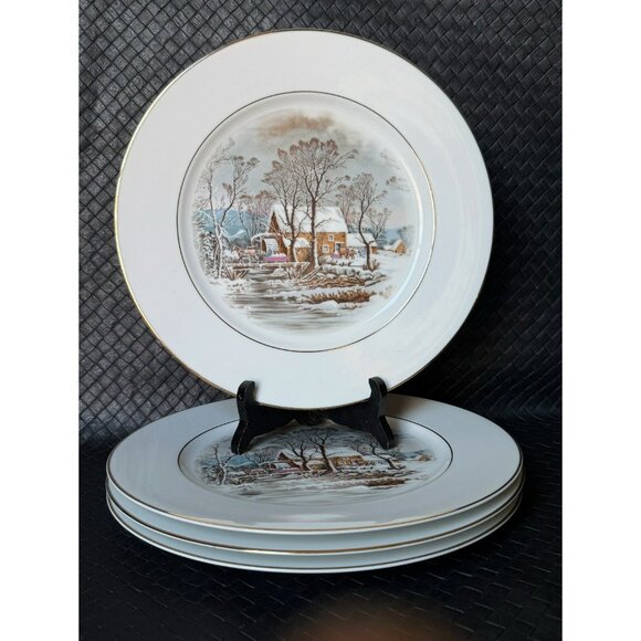 Currier Ives Winter Scene Porcelain Dinner Plates Set of 4 Avon 1981